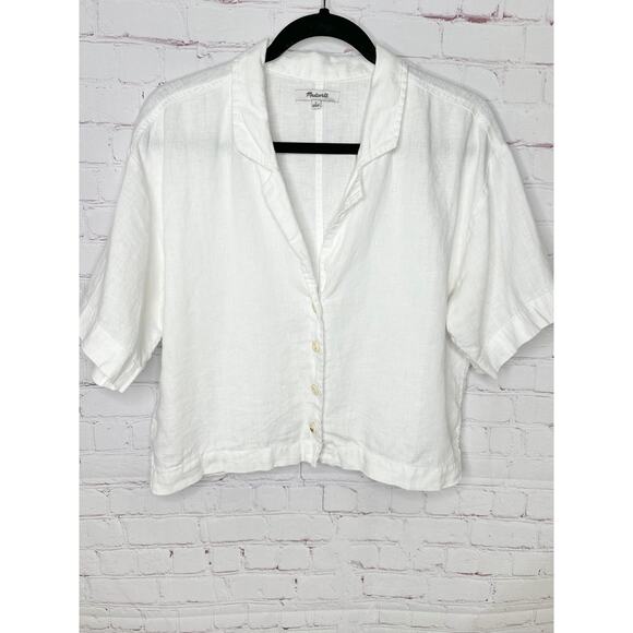 Madewell White 100% Linen Cropped Button Front Short Sleeve Top Womens Large - Picture 1 of 8